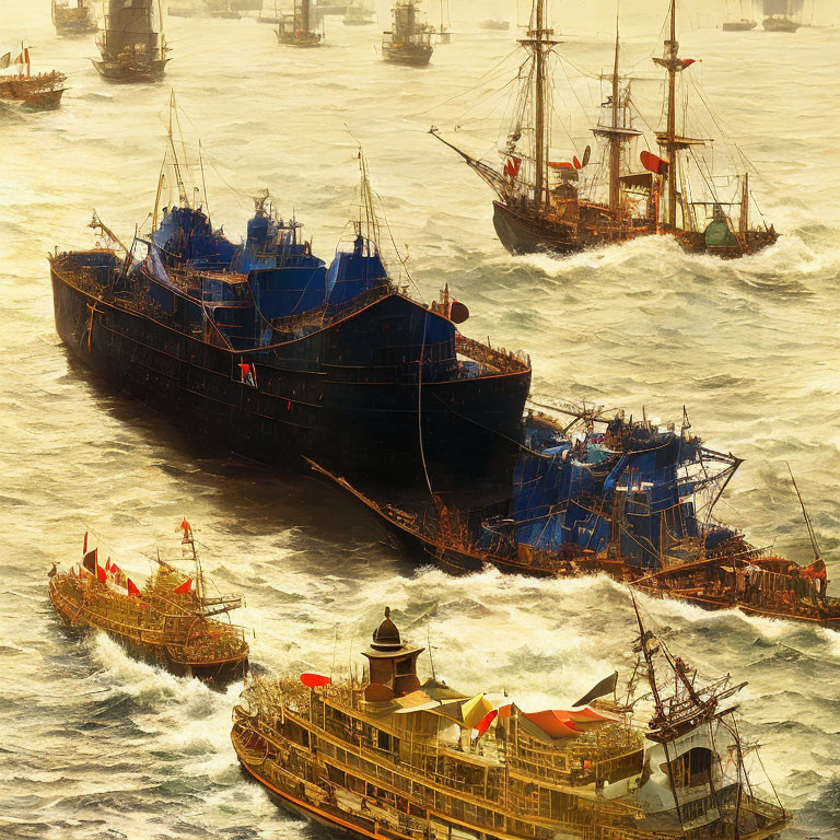 Eclectic fleet of ships under golden sunlight on a misty waterway