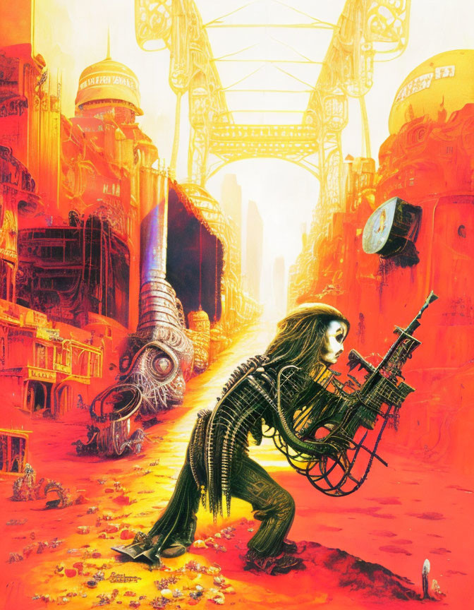 Futuristic cityscape with humanoid creature and weapon in red and yellow hues