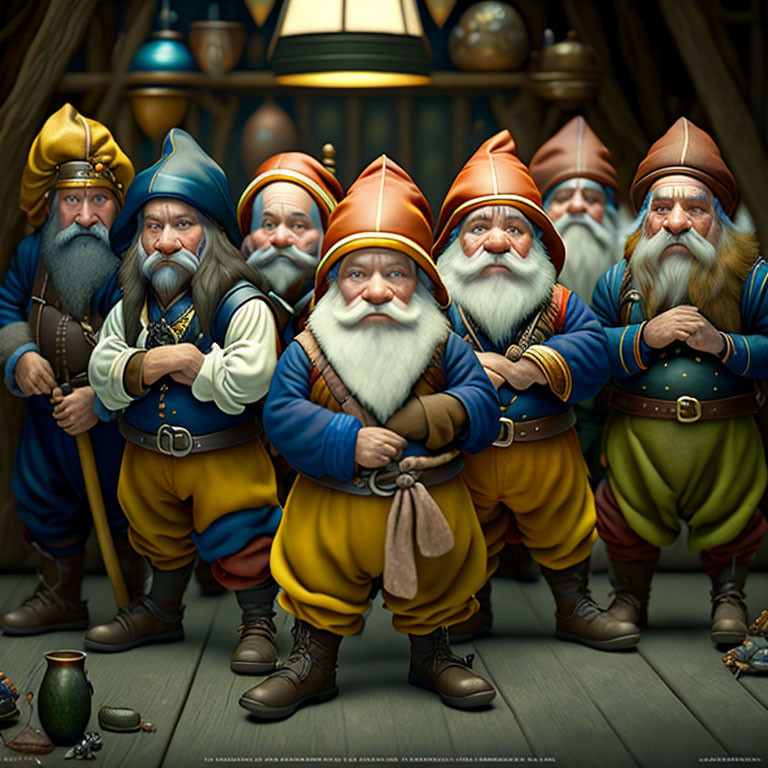 Seven stylized animated dwarfs in colorful medieval attire posing confidently in a wooden interior