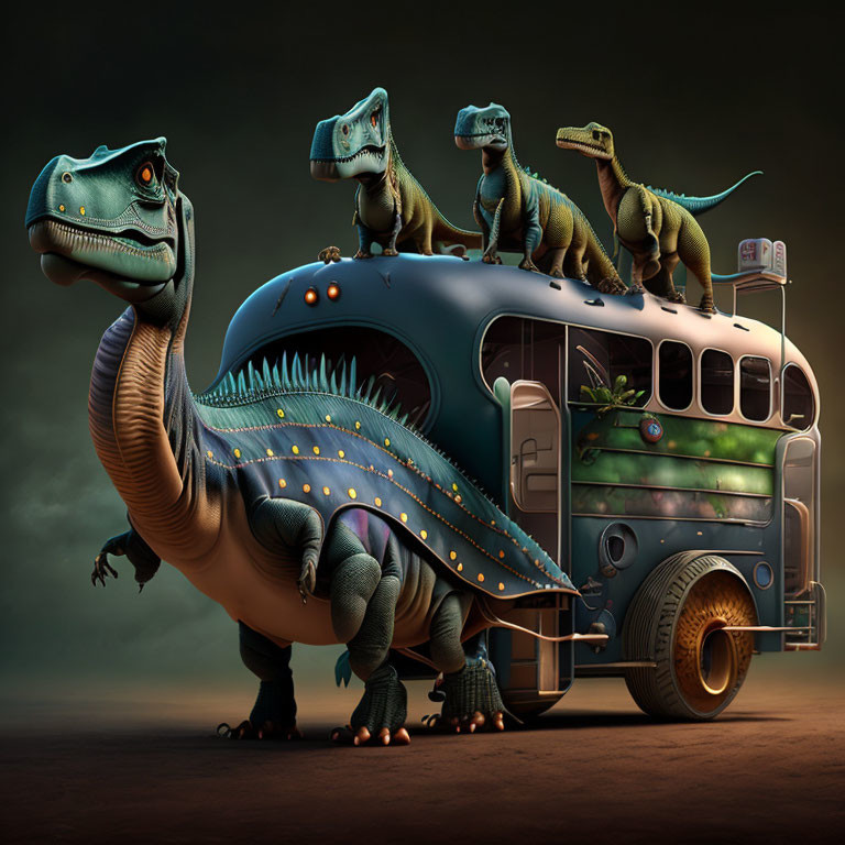 Whimsical artwork: Large dinosaur as city bus with smaller passengers