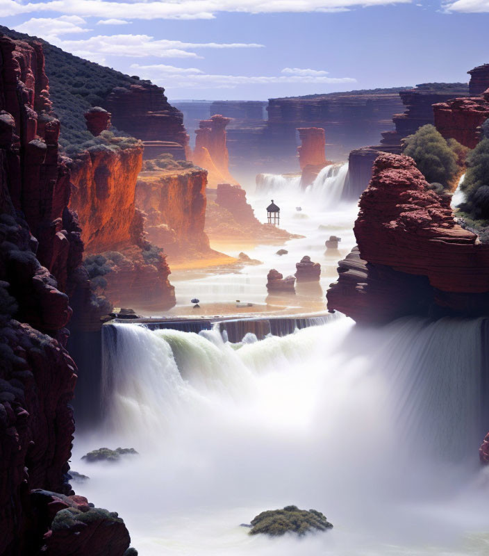 Scenic waterfall in deep canyon with red cliffs