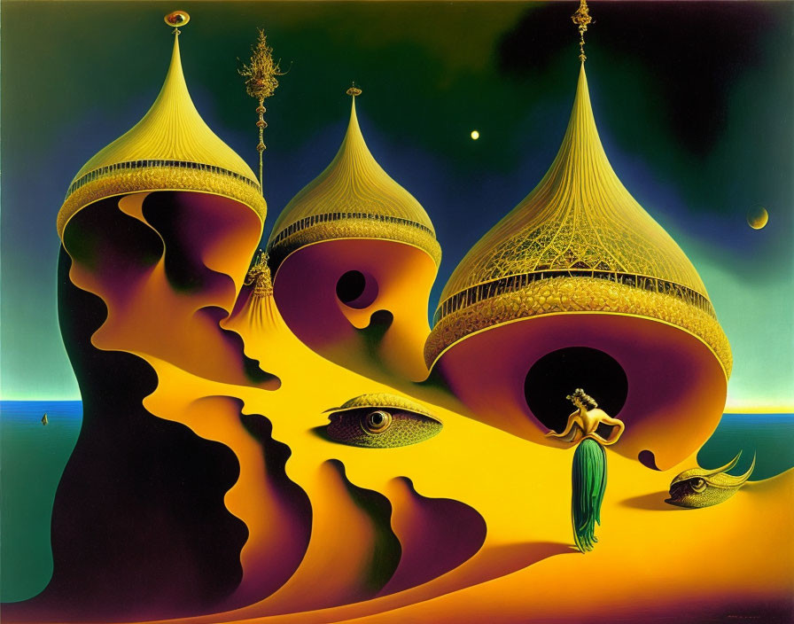 Surrealist painting of onion-domed structures under twilight sky