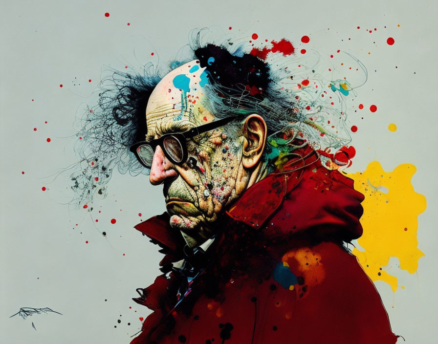 Elderly man with exaggerated features dissolving into paint splatters