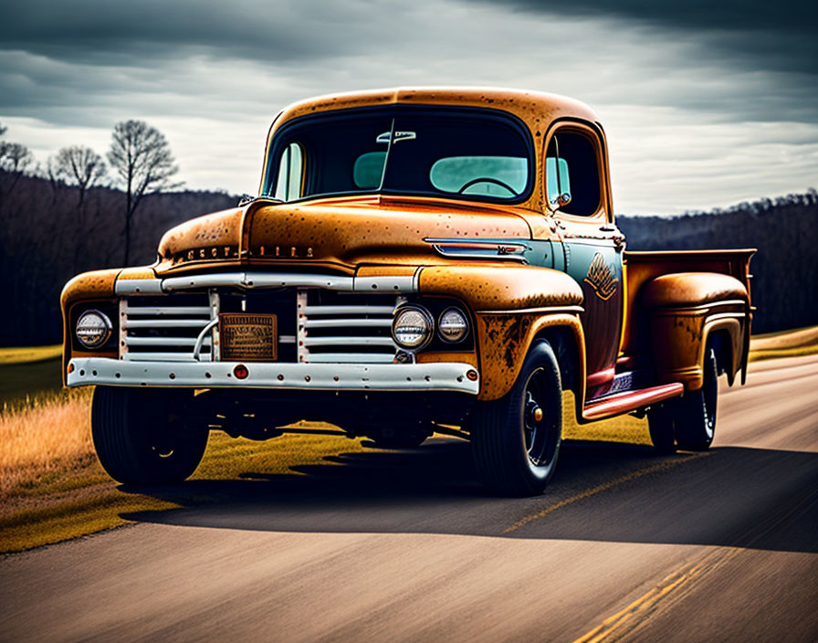 Vintage Pickup Truck in Rustic Condition on Road with Blurred Background