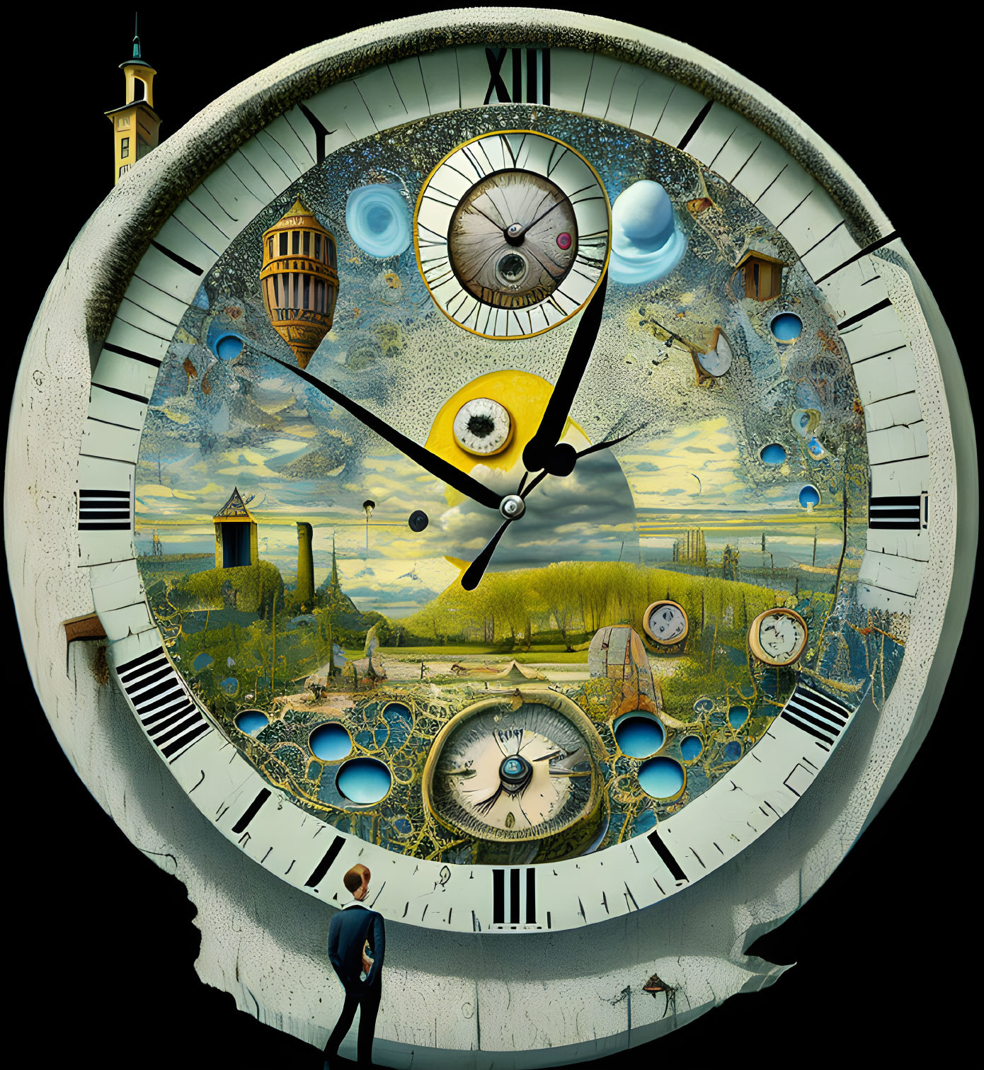 Surreal clock with landscape, architecture, and celestial elements and small figure