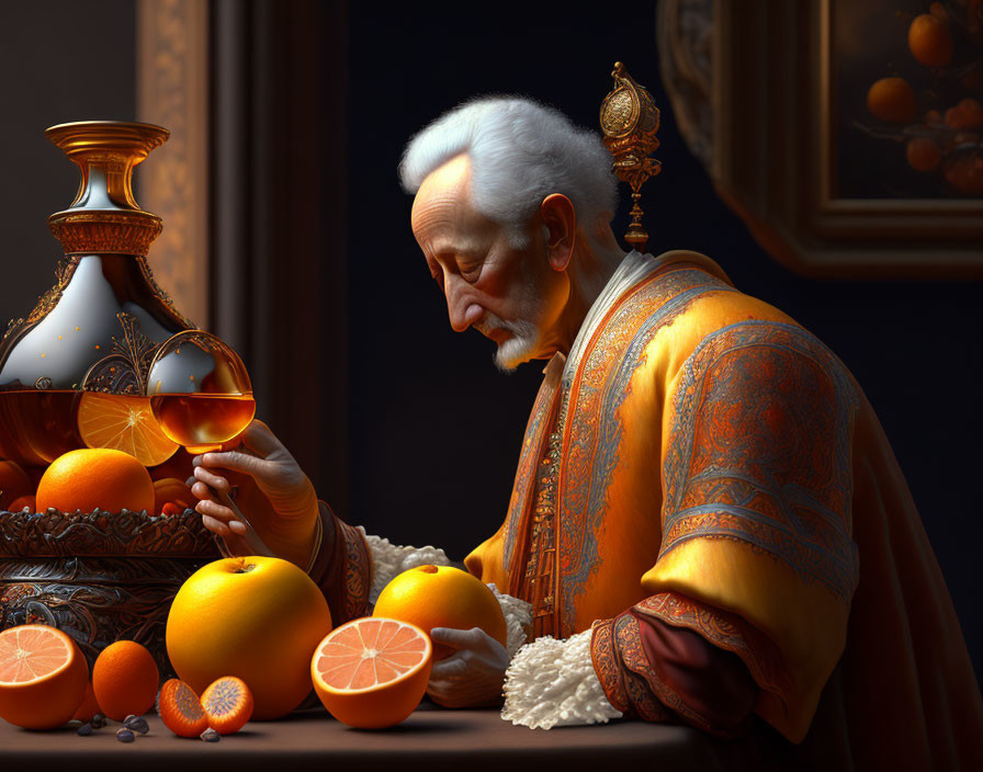 Elderly man inspecting glass container on orange-filled table