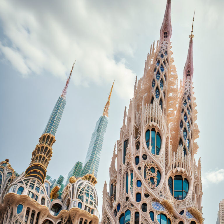 Modern building facade with honeycomb design and spired features next to a skyscraper against cloudy sky