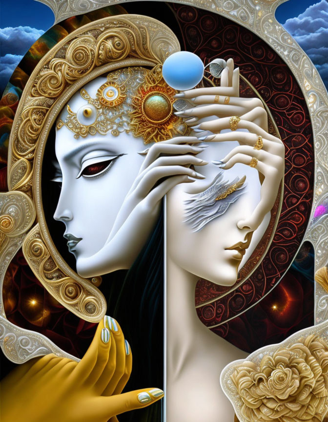 Dual-faced figure with celestial headpieces in surreal digital painting