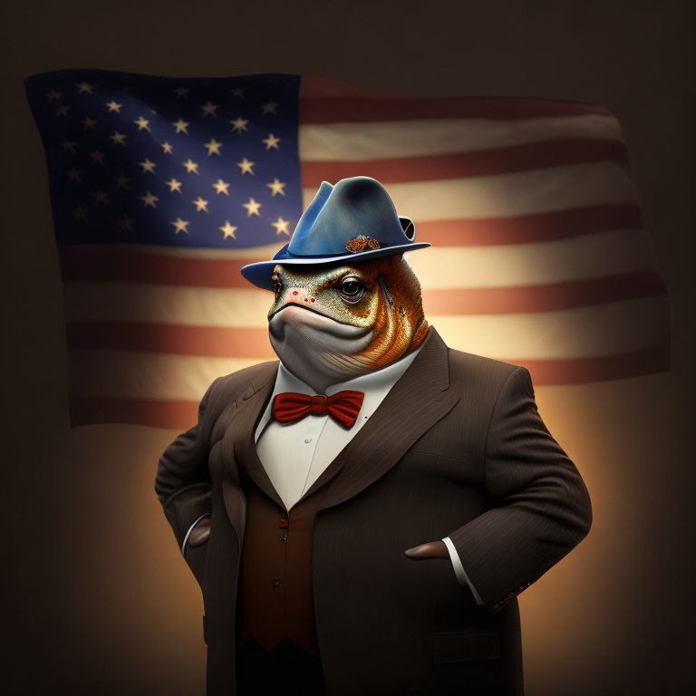 Anthropomorphic frog in suit and hat with American flag background.