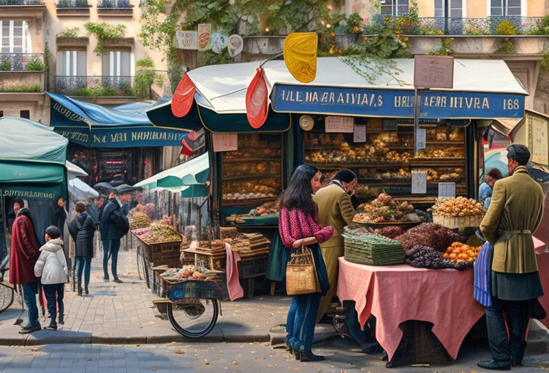 Vibrant outdoor market with fresh produce and bread stalls amid customer-vendor interactions