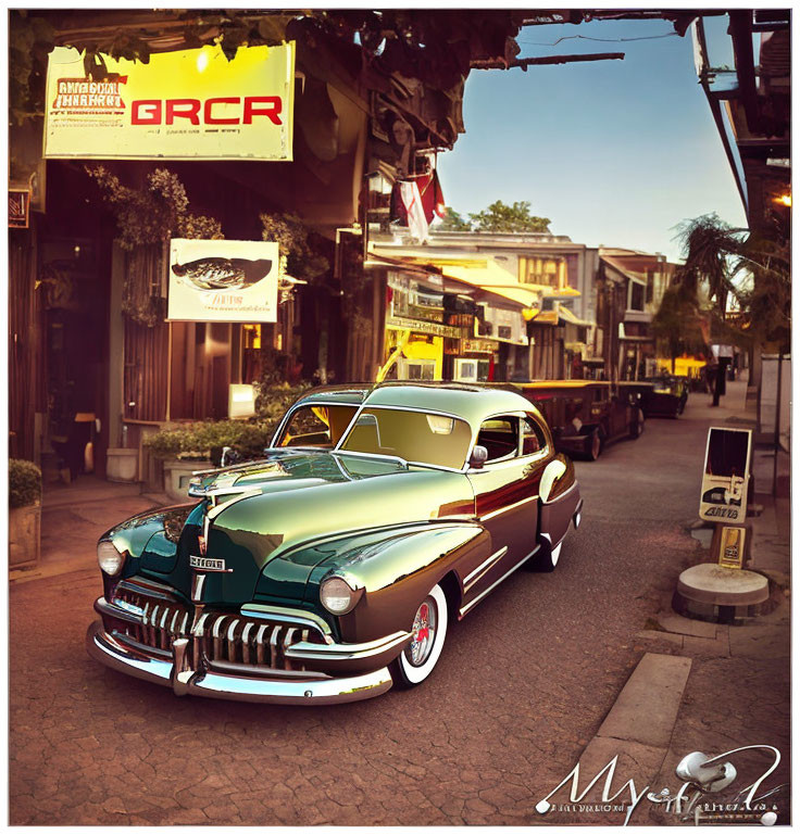 Vintage Green Car Parked on Street with Neon Signs and Dusk Sky