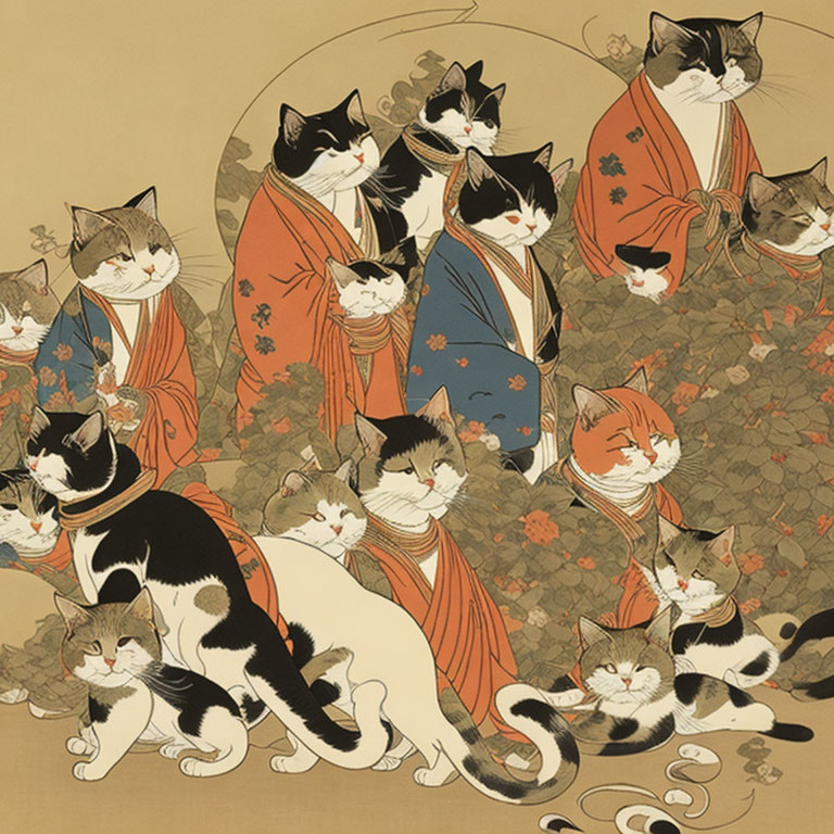 Anthropomorphic cats in Japanese attire with fans on beige background