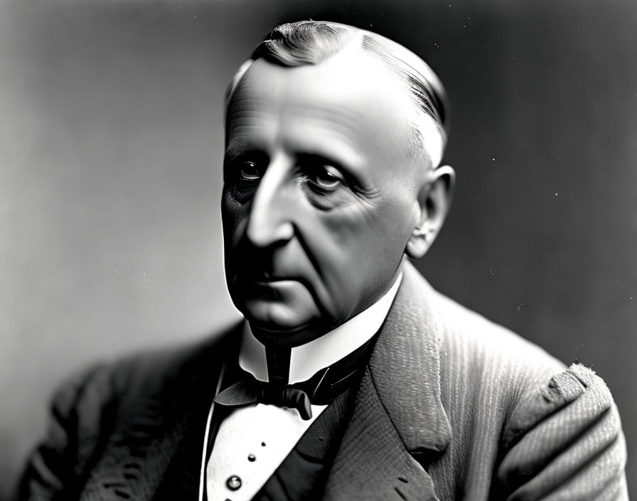 Monochrome studio portrait of middle-aged man in dark suit with center-parted hairstyle.