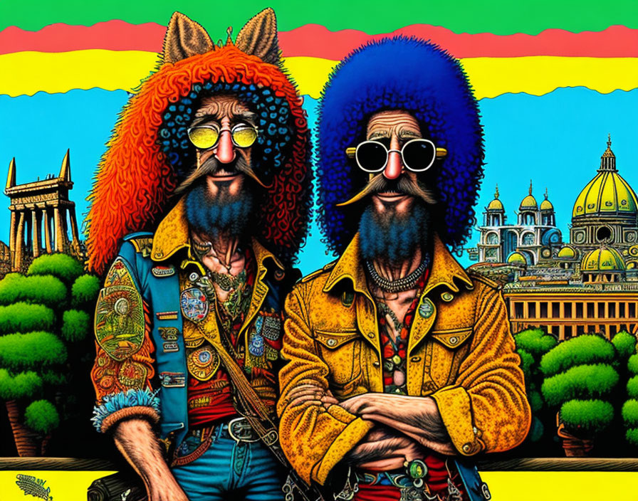 Stylized characters in 70s fashion with afros and sunglasses against colorful fantasy background