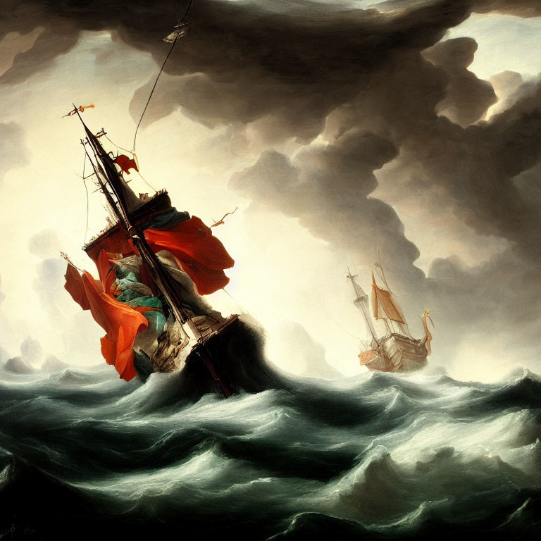 Stormy Seascape: Tilting Ship in High Waves Under Dark Clouds