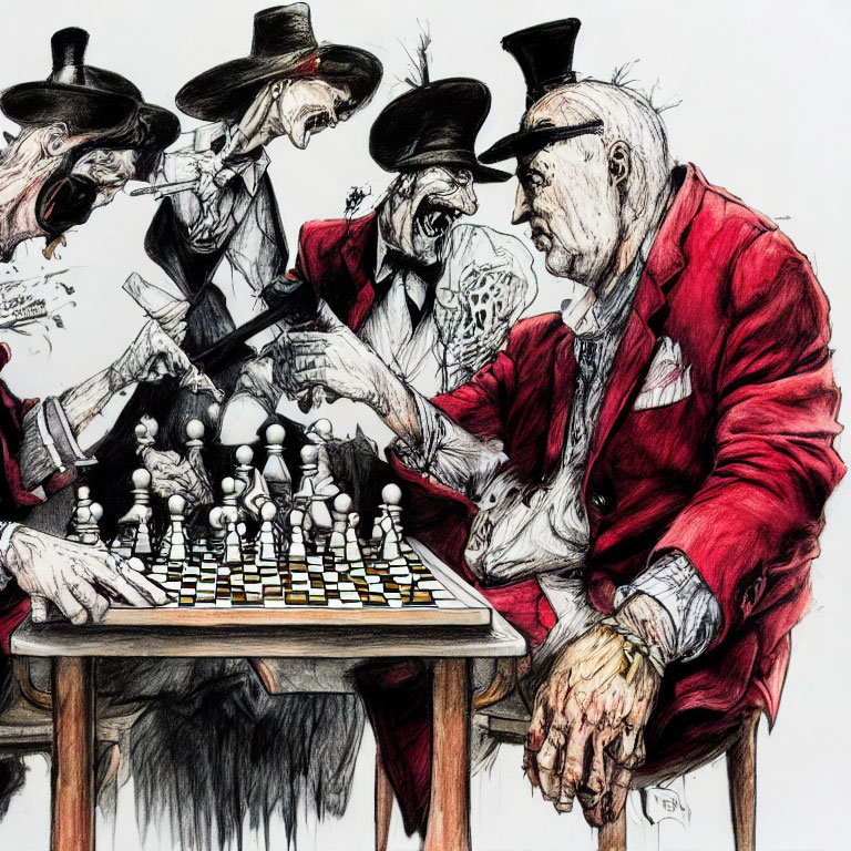 Elderly Men in Intense Chess Game with Stylized Onlookers