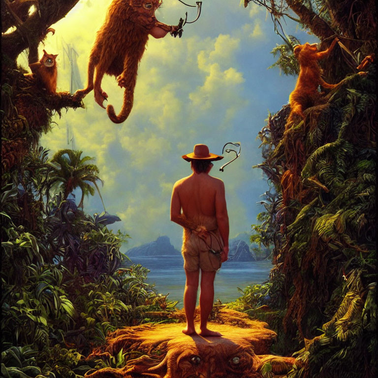 Man in hat on jungle cliff with lion and animals by sea