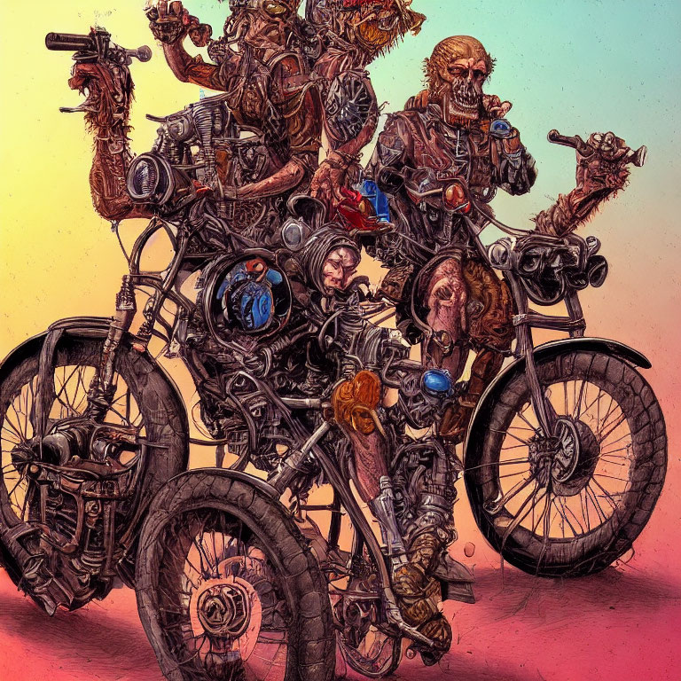 Skeletal Figures on Modified Motorcycle in Warm Background