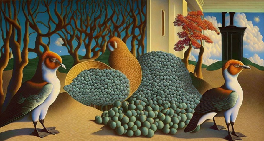 Surreal painting featuring bird-like figures with human eyes and egg-shaped forms.