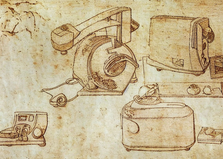 Sepia-Toned Sketch of Intricate Mechanical Devices and Annotations