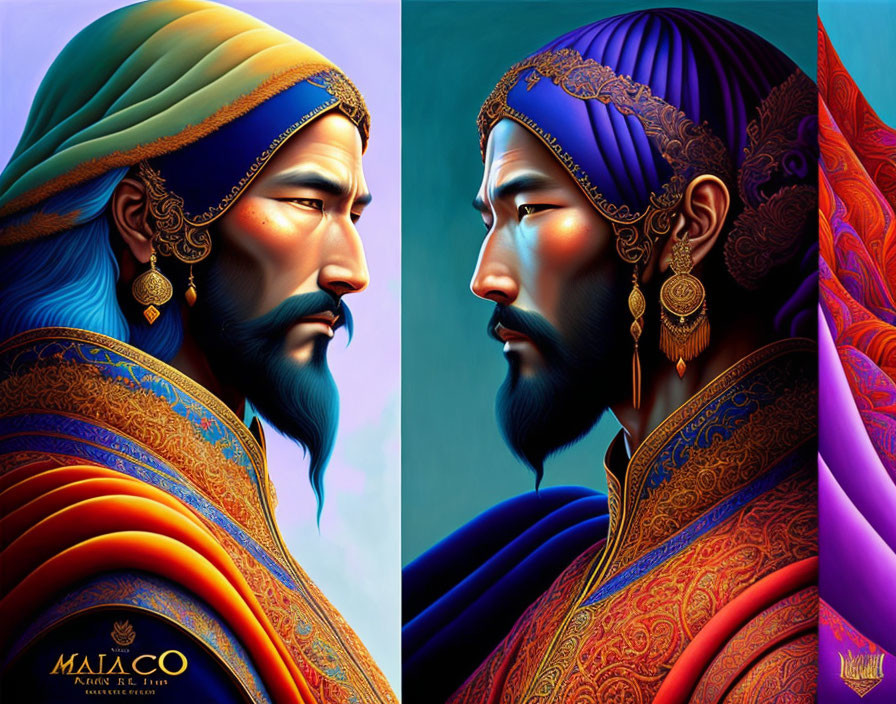 Regal bearded man in colorful robes and turban against vibrant background