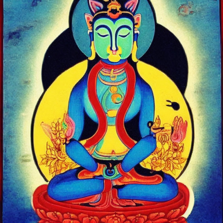 Vibrant illustration of meditating figure in blue with traditional garb