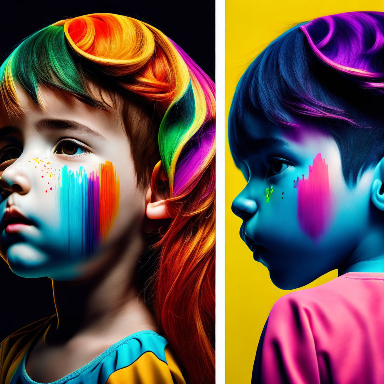 Split-image of child with rainbow hair and paint streaks on face against contrasting backdrop