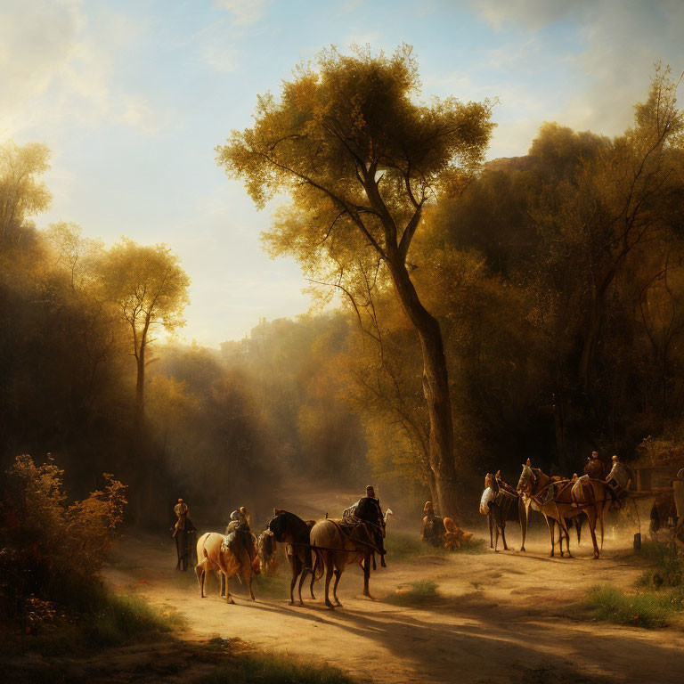 Tranquil horse riders on dusty path through sunlit forest