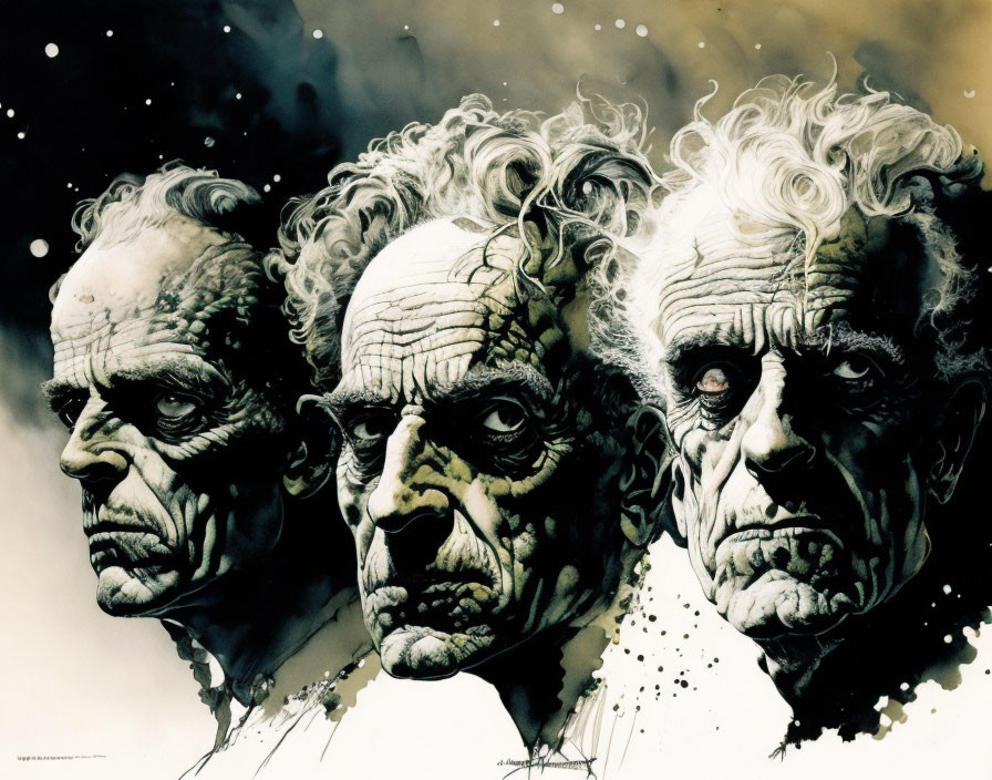 Monochromatic artwork of three elderly male faces against cosmic backdrop