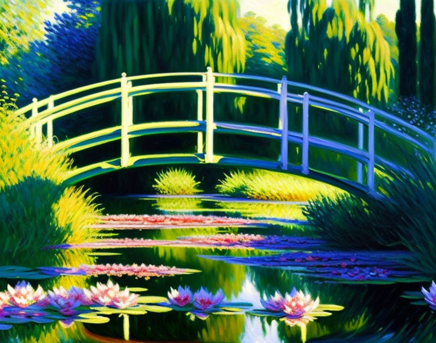 White Arched Bridge Painting with Water Lilies and Greenery