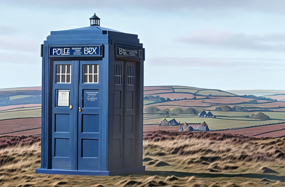 Blue British police box in rural landscape with rolling hills and cloudy sky.