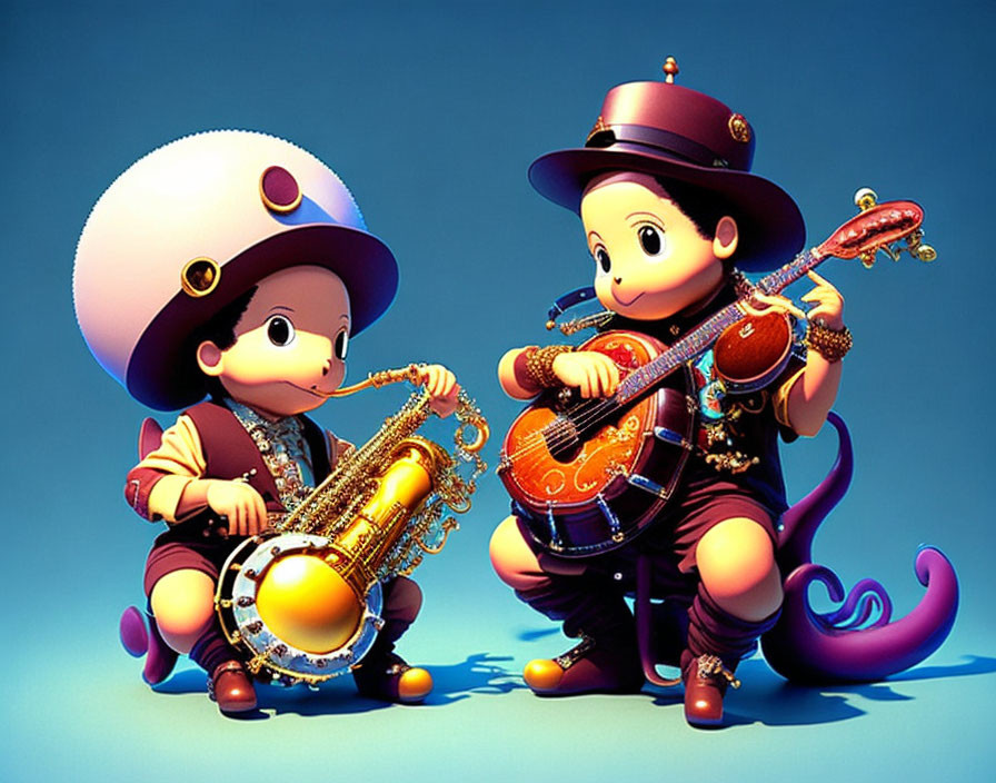 Stylized animated characters with oversized hats playing musical instruments on blue background