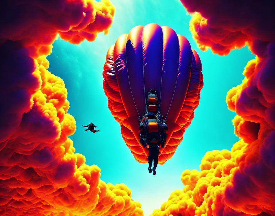 Colorful hot air balloon and skydiver in vibrant sky scene