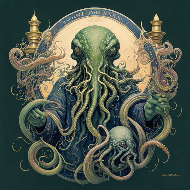 Cthulhu-like creature with tentacles and trident on decorative round backdrop