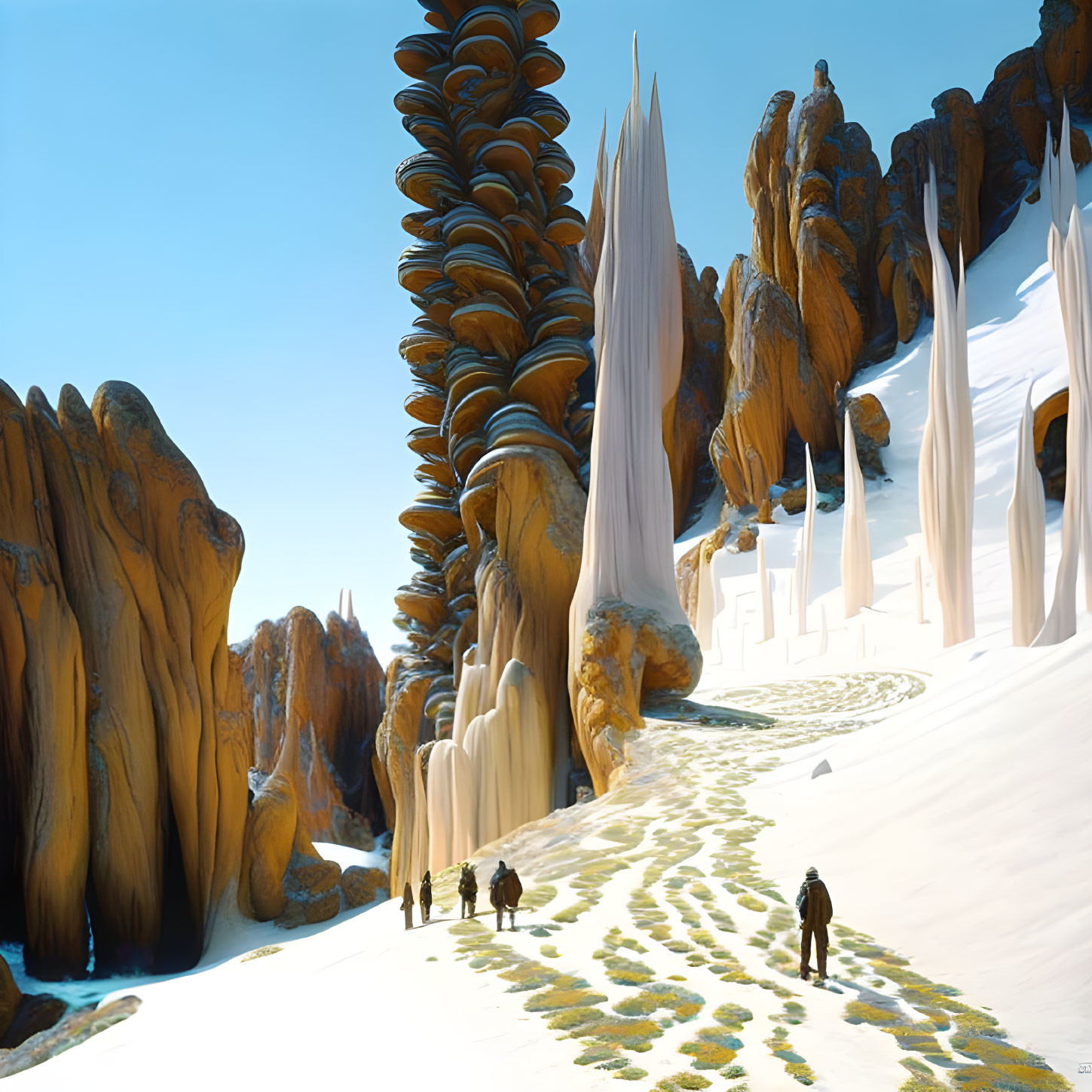 Explorers in surreal icy landscape with towering rock formations