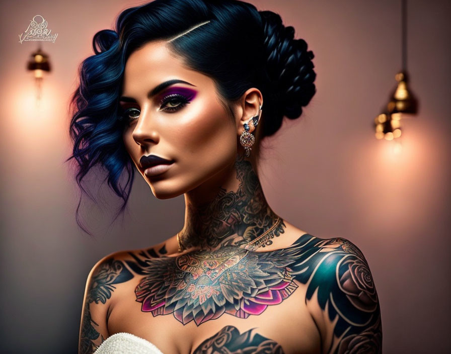 Blue-haired woman with tattoos displays colorful makeup and body art under warm light