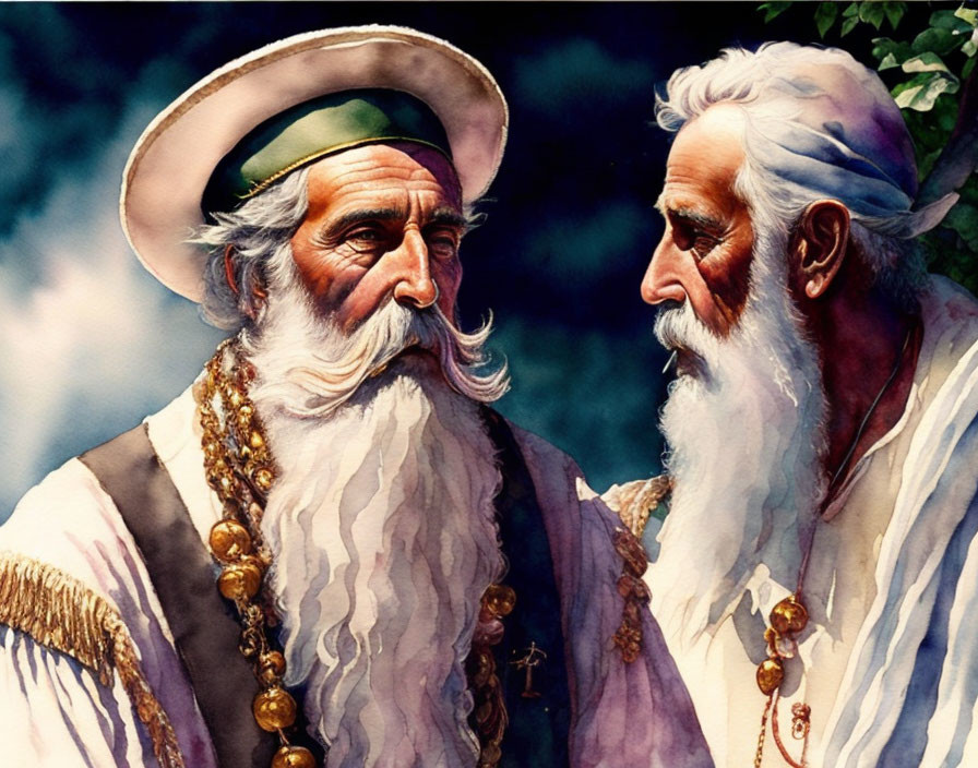 Two bearded men in historical attire with hat, dark background.