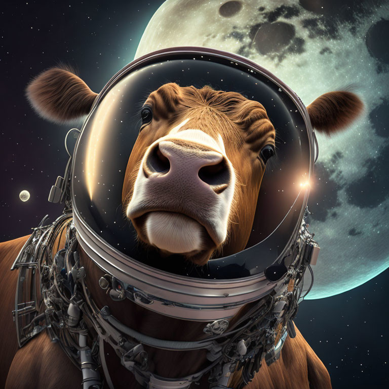 Cow in space helmet on moon and stars background