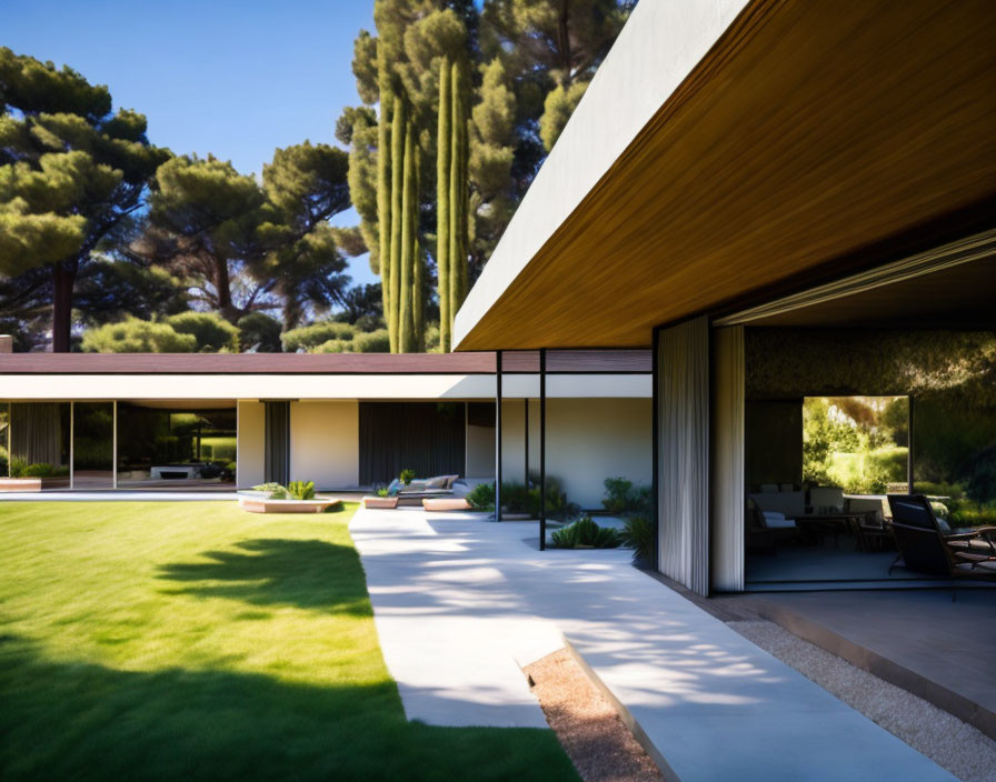 Contemporary house with large glass windows and flat roof amid lush greenery.