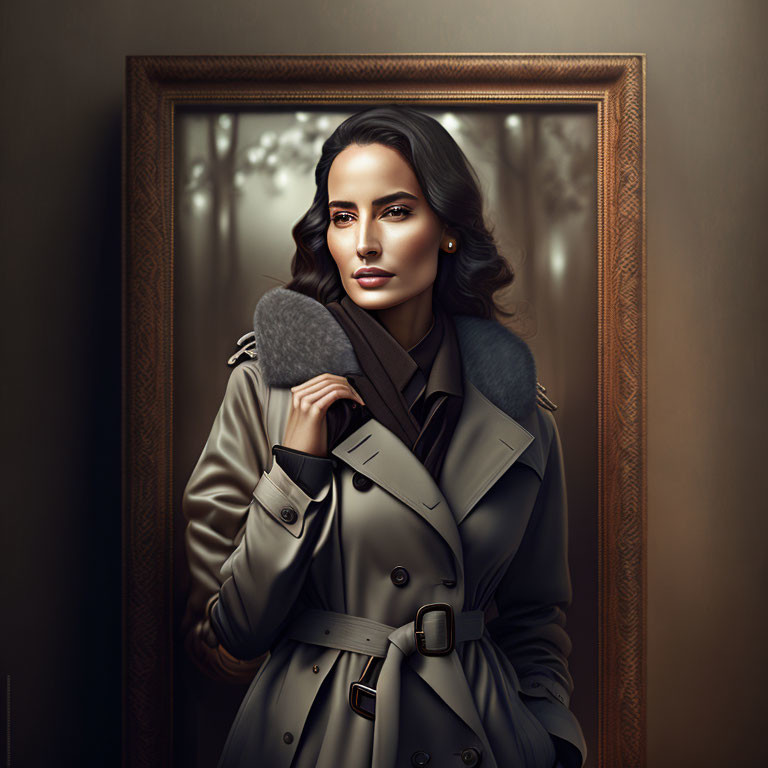 Digital illustration of stylized woman in trench coat posing elegantly in wintry backdrop