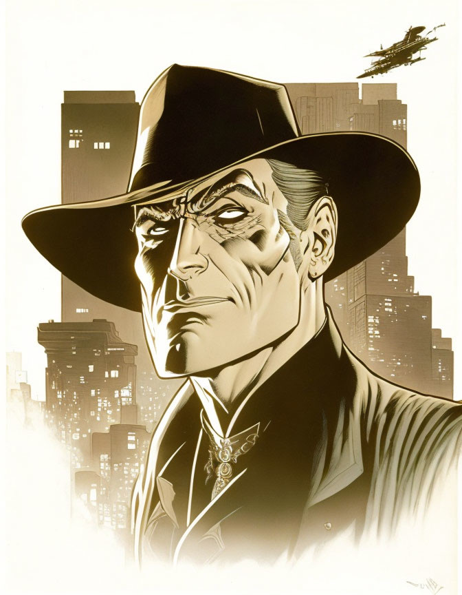 Detective in fedora with cityscape backdrop in noir illustration