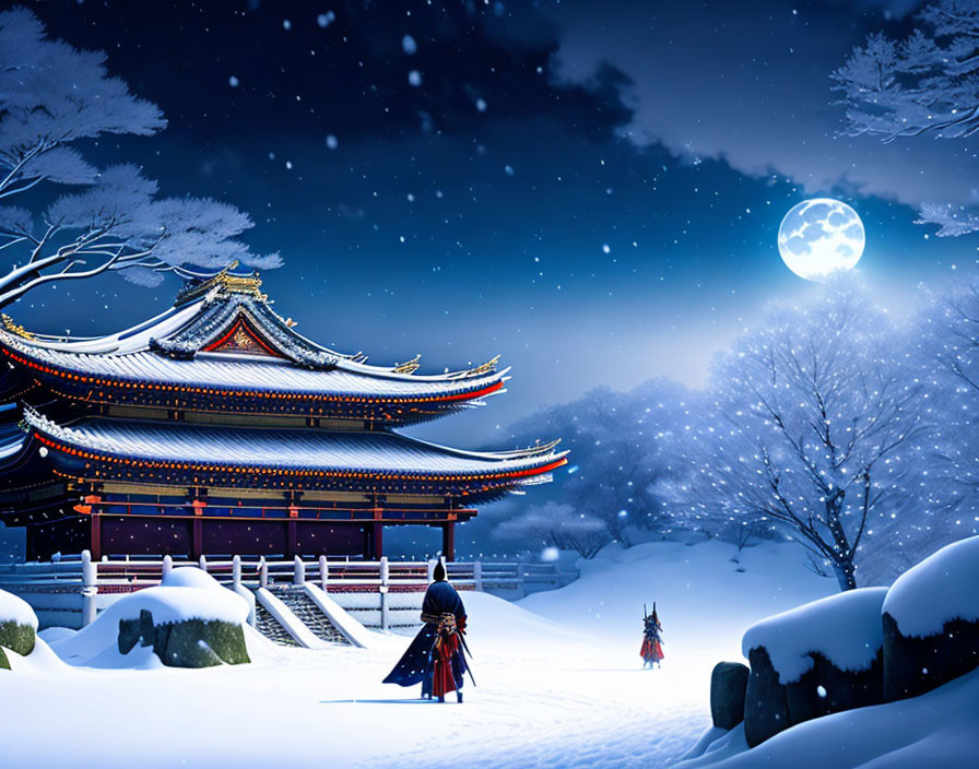 Snowy Japanese Samurai night scene with traditional structure, figures, moon, and trees.