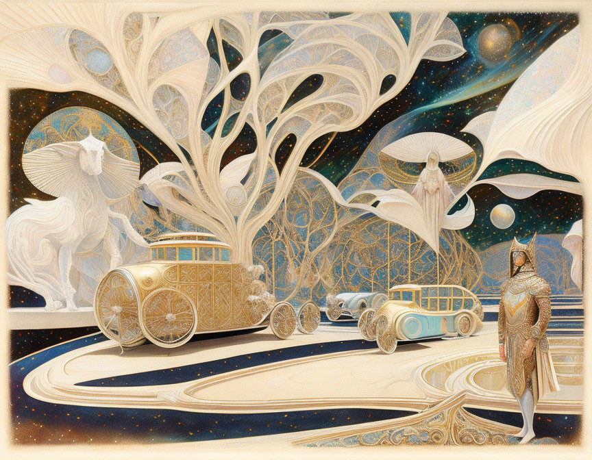 Fantasy and Art Nouveau illustration with whimsical vehicles, ethereal figures, and celestial tree.