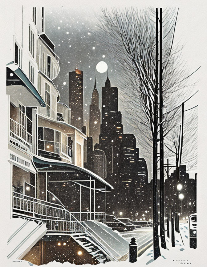 Snowy city night scene with buildings, bare tree, light posts, and moonlit skyscrapers