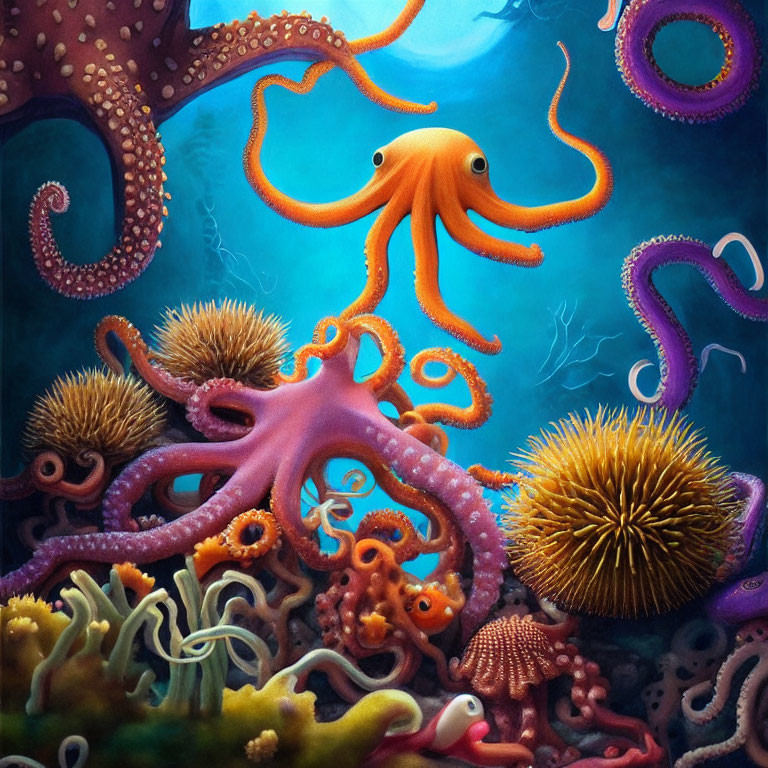 Colorful Underwater Scene with Orange Octopus and Sea Life