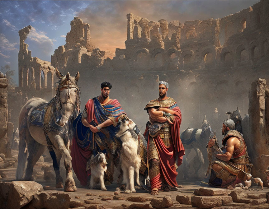 Ancient Roman figures with horses, dog, warrior, and ruins.