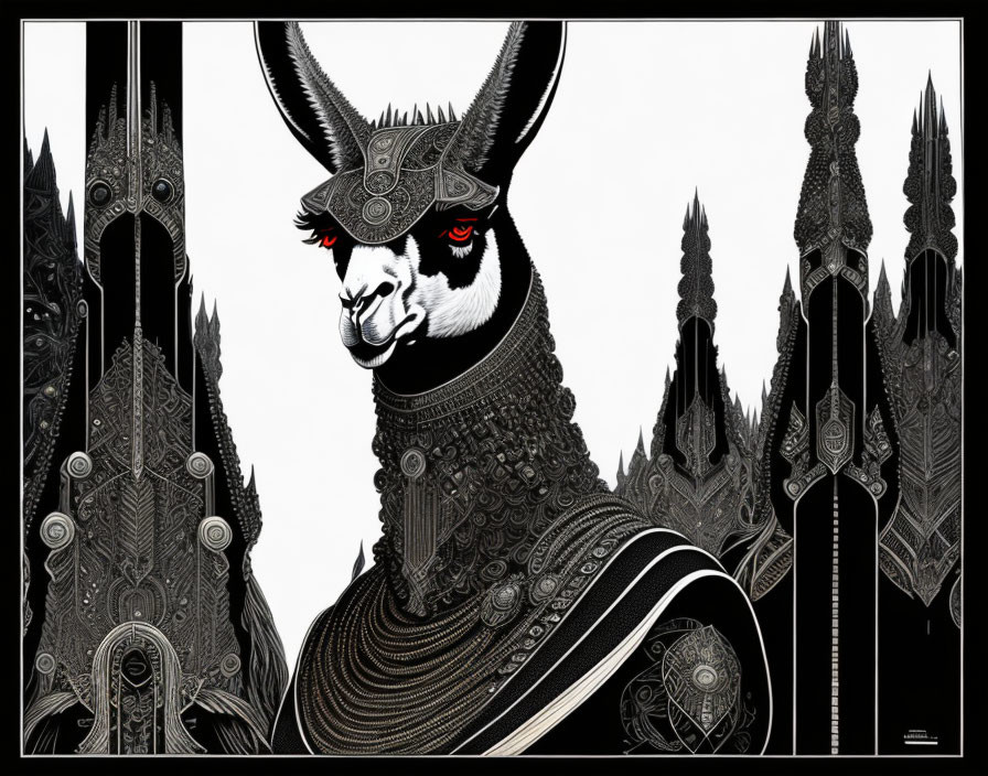 Monochrome llama art with red eyes amid intricate towers