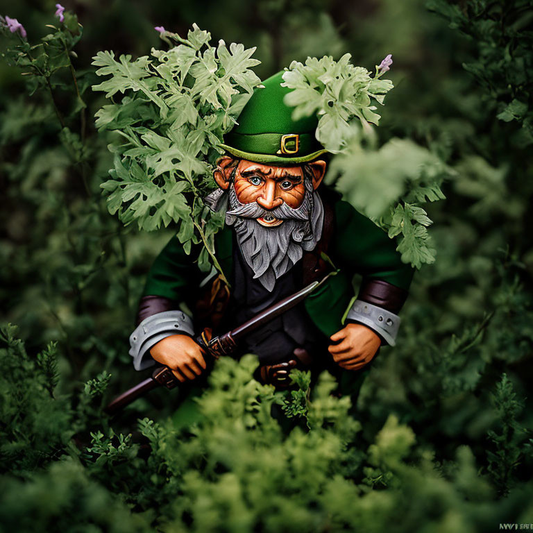 Bearded leprechaun figurine in green attire with shillelagh, surrounded by lush