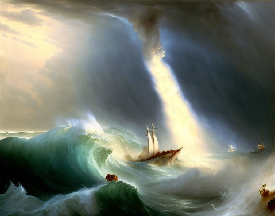 Maritime painting of ships battling waves under dramatic sky