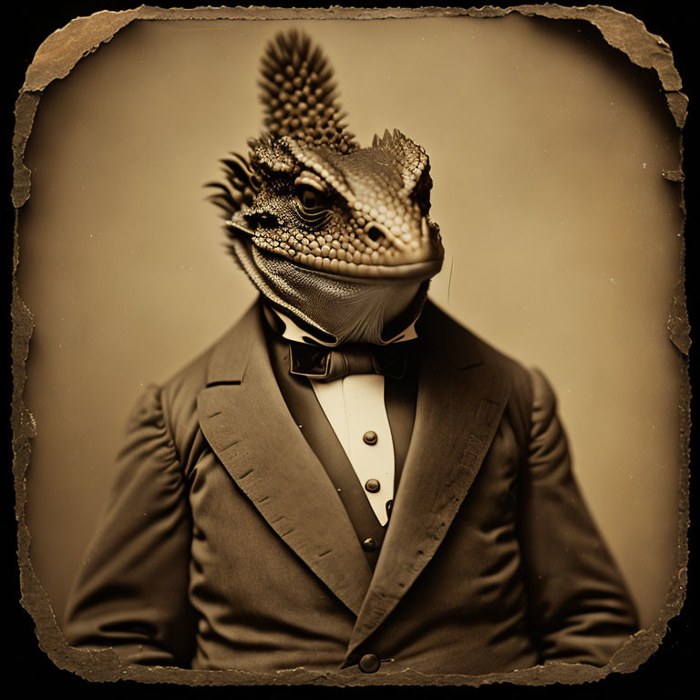 Sepia-Toned Vintage Portrait of Lizard-Headed Figure in Suit